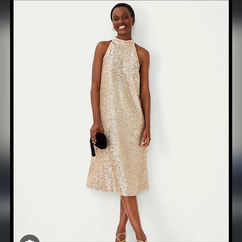 Ann Taylor SZ 0 Sequin Mock Neck Midi Dress Gold